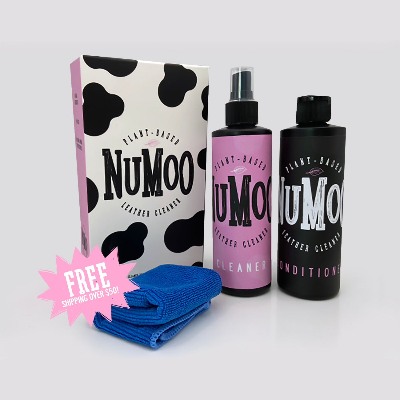 NuMoo™ Leather Cleaner kit is a surface-safe cleaner formulated specifically for the vegan, sustainable leather, vinyl and faux leather surfaces. 